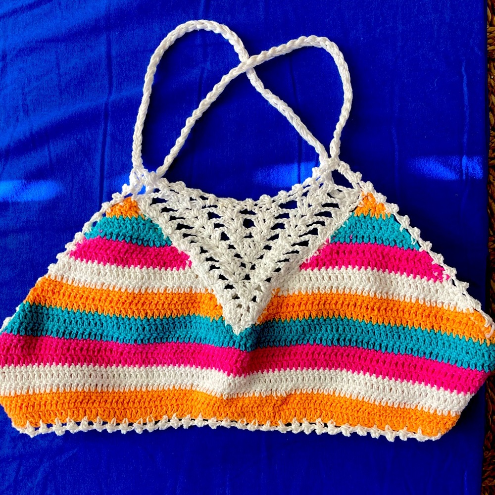 Boho crochet top (lined/bra pads) with beaded strings. 100% cotton. Never worn.